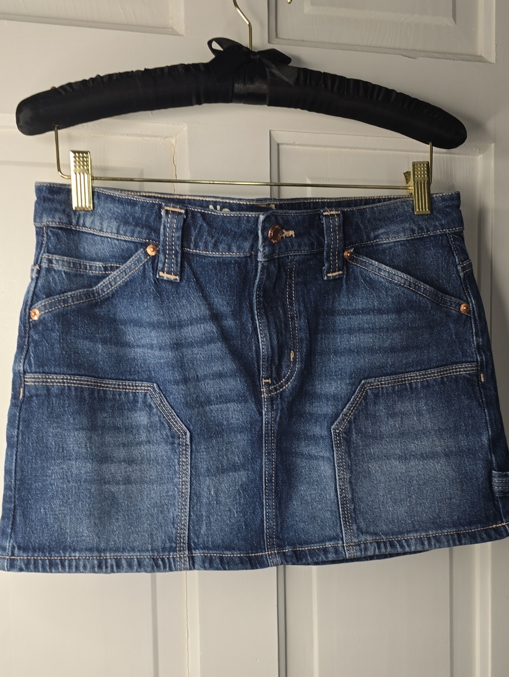 No Boundaries Dark Blue Denim Mini Skirt with Front Patch Pockets